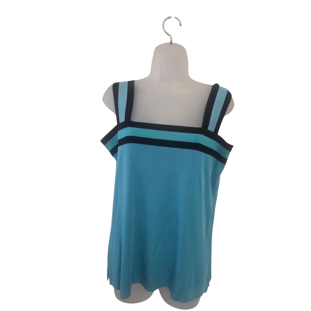 Exclusively Misook Knit Tank Top Turquoise Blue Black Striped Square Neck L